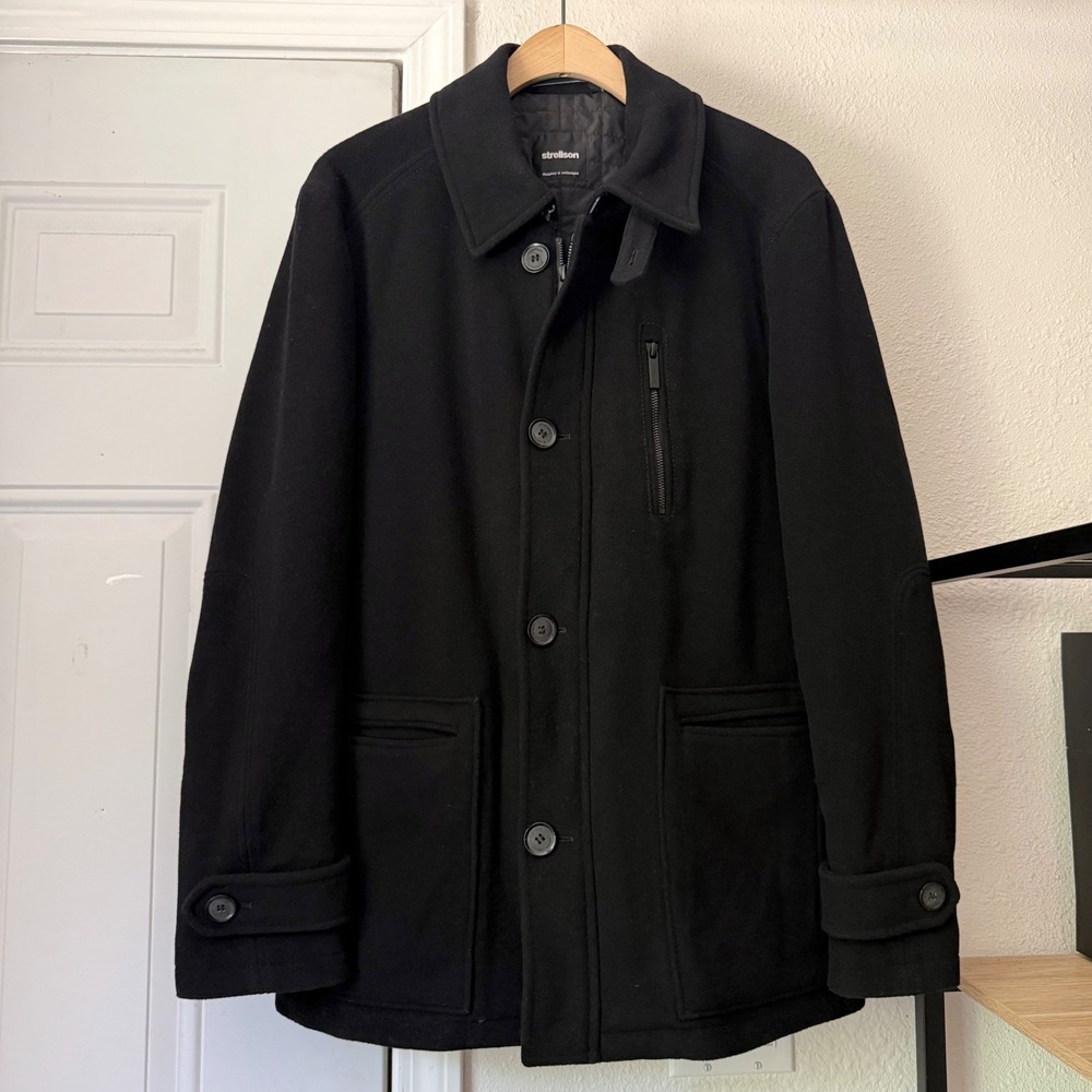 STRELLSON virgin wool cashmere black thigh length button up zip long sleeve coat